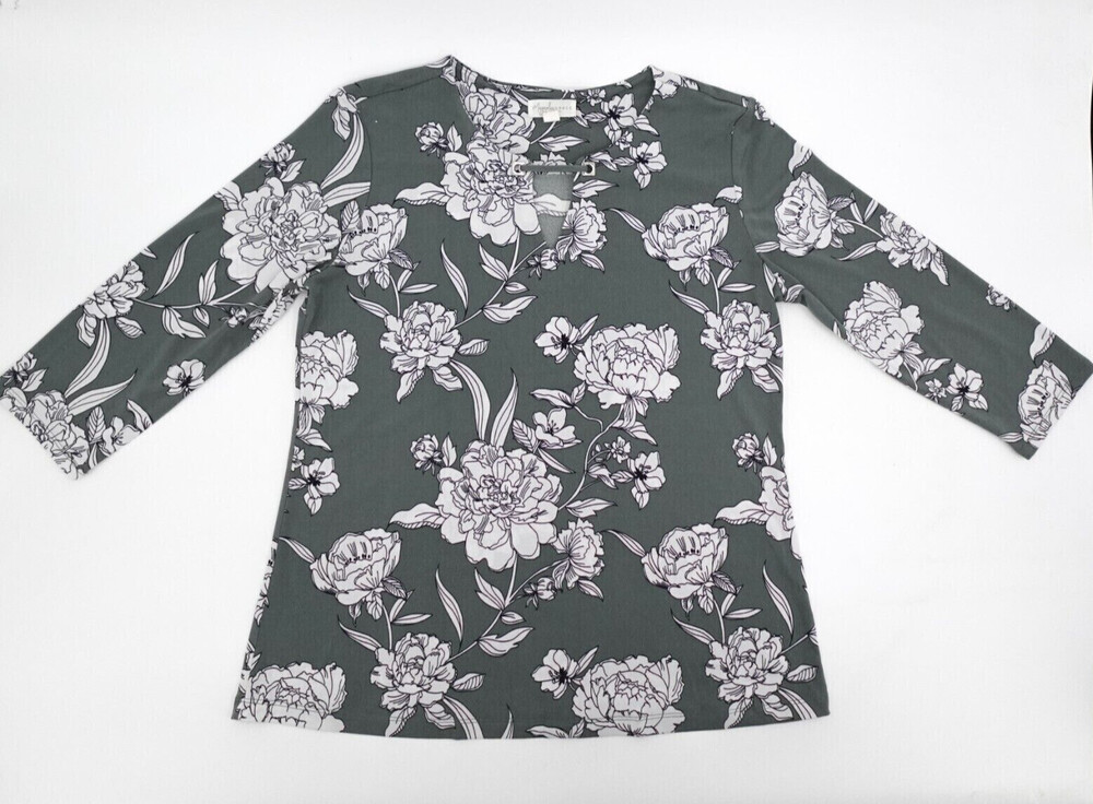 Magnolia Grace Shirt Womens Large Gray Floral Blouse Long Sleeve V-Neck Pullover
